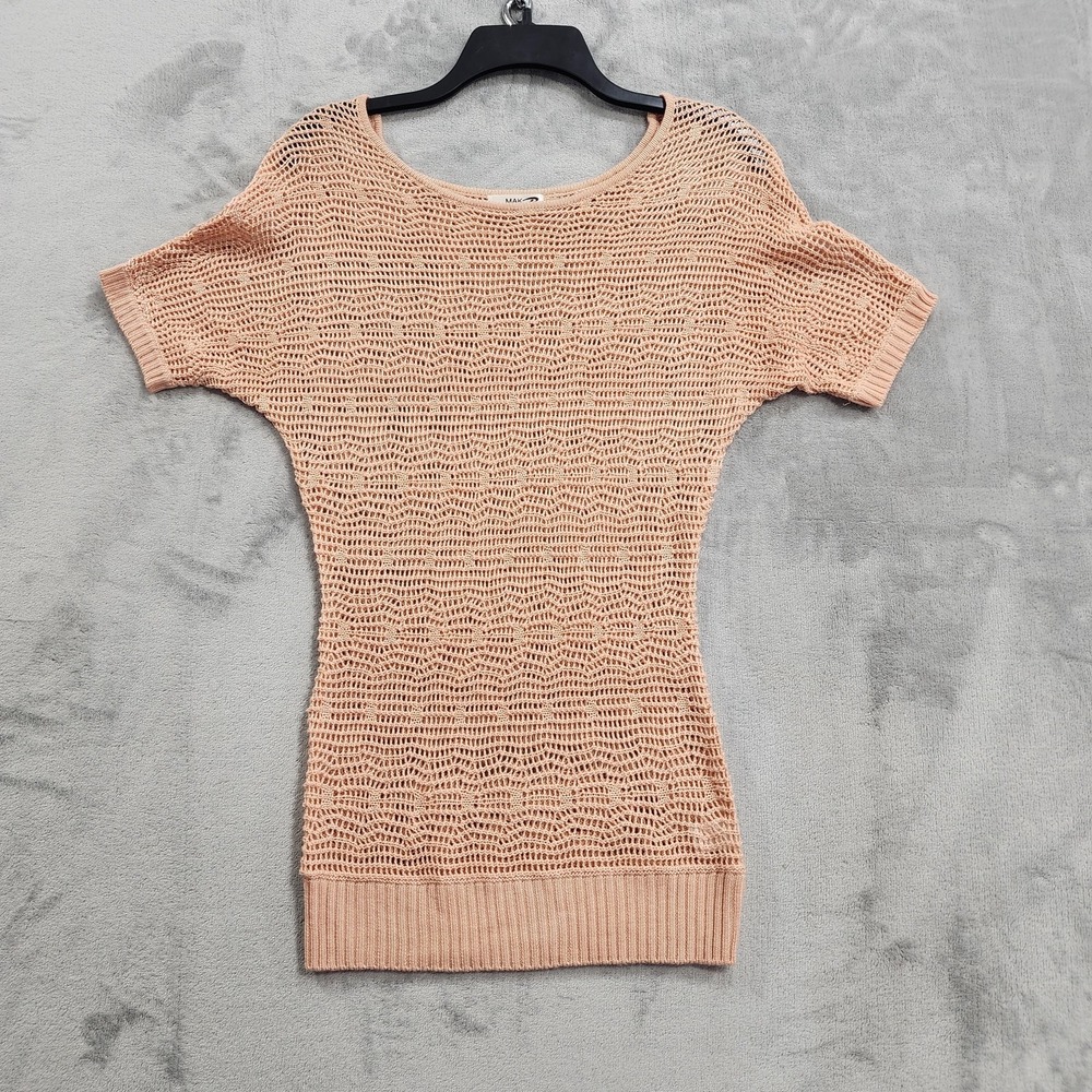 Mak B Sweater Top Womens S Orange Crochet Open Knit Short Sleeve Dolman Tunic